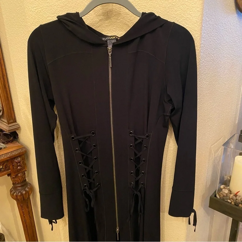 EVO VORRO Women Black Long Sleeve Hooded Lace Up Long Jacket Dress Size Small